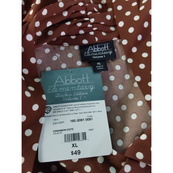 *NWT* Abbott Elementary XL Brown/White Dots Long Sleeve Blouse W/Tassele #L7 - Picture 4 of 4